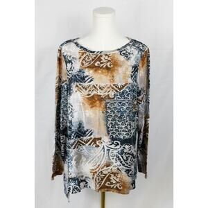 Chico's Size 2 Boho Tee Long Sleeve Lightweight Boat Neck Brown Blue